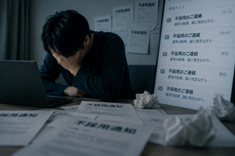 転職で不採用が続き、応募を続ける気力を失ってパソコンの前で頭を抱える男性