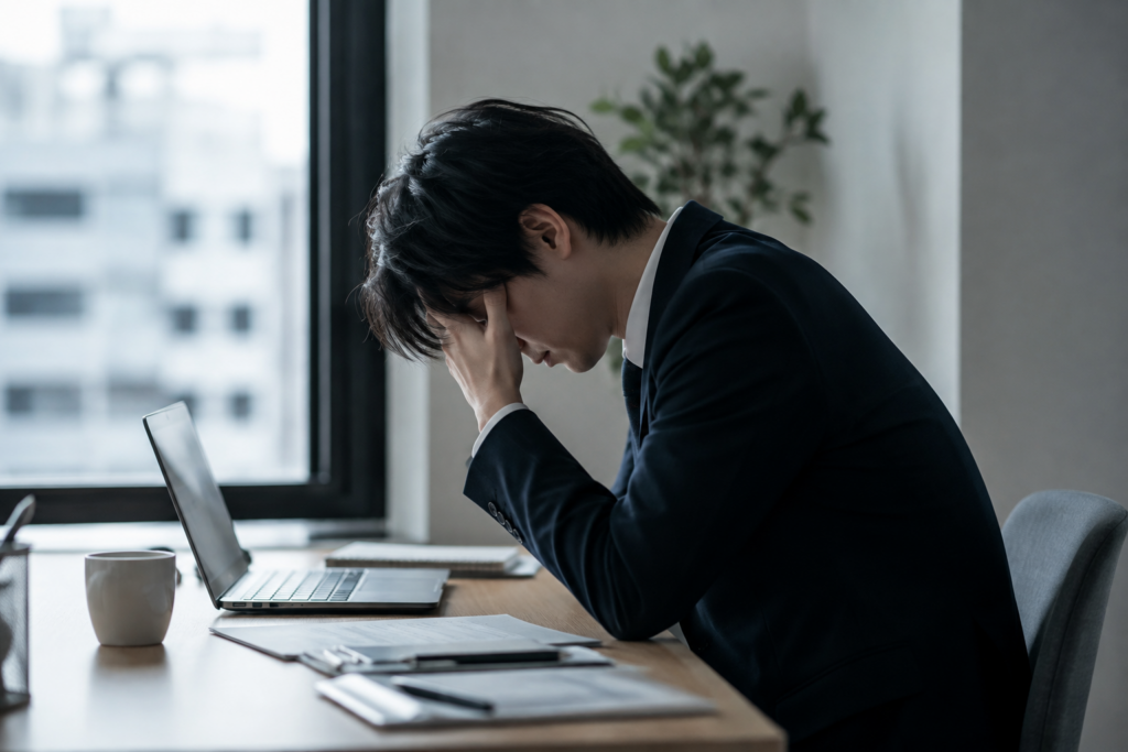 転職したばかりの職場で、仕事に悩み机にうつむく男性