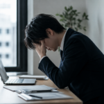 転職したばかりの職場で、仕事に悩み机にうつむく男性