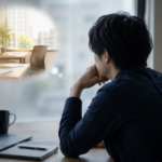 転職後、前の会社を思い出しながら今の職場で考え込む男性
