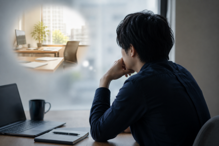 転職後、前の会社を思い出しながら今の職場で考え込む男性