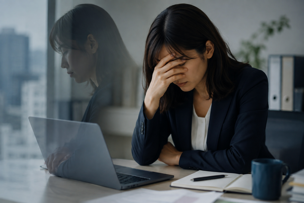 仕事のミスを思い出して落ち込む会社員の女性