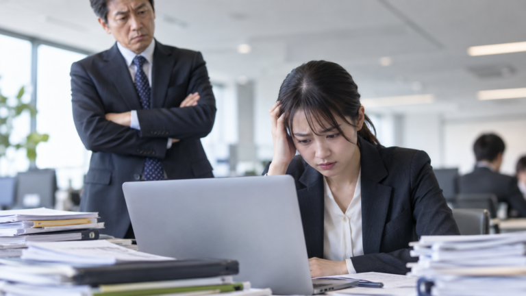 上司に厳しい表情で見られながら、仕事のミスや遅れに悩む会社員