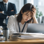 仕事が遅いと言われて悩む会社員と、その様子を見る上司
