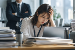 仕事が遅いと言われて悩む会社員と、その様子を見る上司
