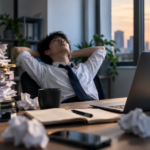 締切直前まで仕事に着手できず、夕方のオフィスで悩む会社員