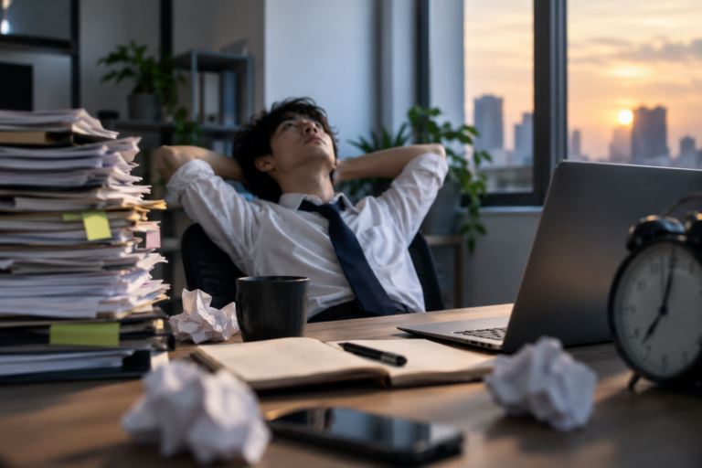 締切直前まで仕事に着手できず、夕方のオフィスで悩む会社員